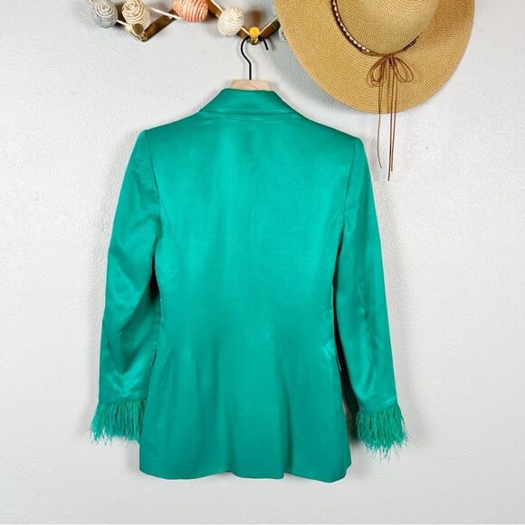 ZARA Green Satin Double-Breasted Feather Cuff Blazer Size X-Small - Picture 5 of 9